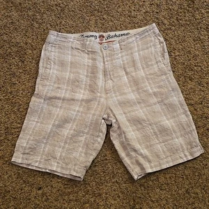 Tommy Bahama Hombres Pantalones Cortos de Fin de Semana 33 Lino Tostado Tejido a Cuadros Playa Tropical - Imagen 1 de 18