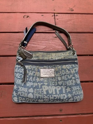 BOLSO DE HOMBRO RARO Coach Poppy 16888 Signature Denim BlueWordblock Glam Foto 1 de 4