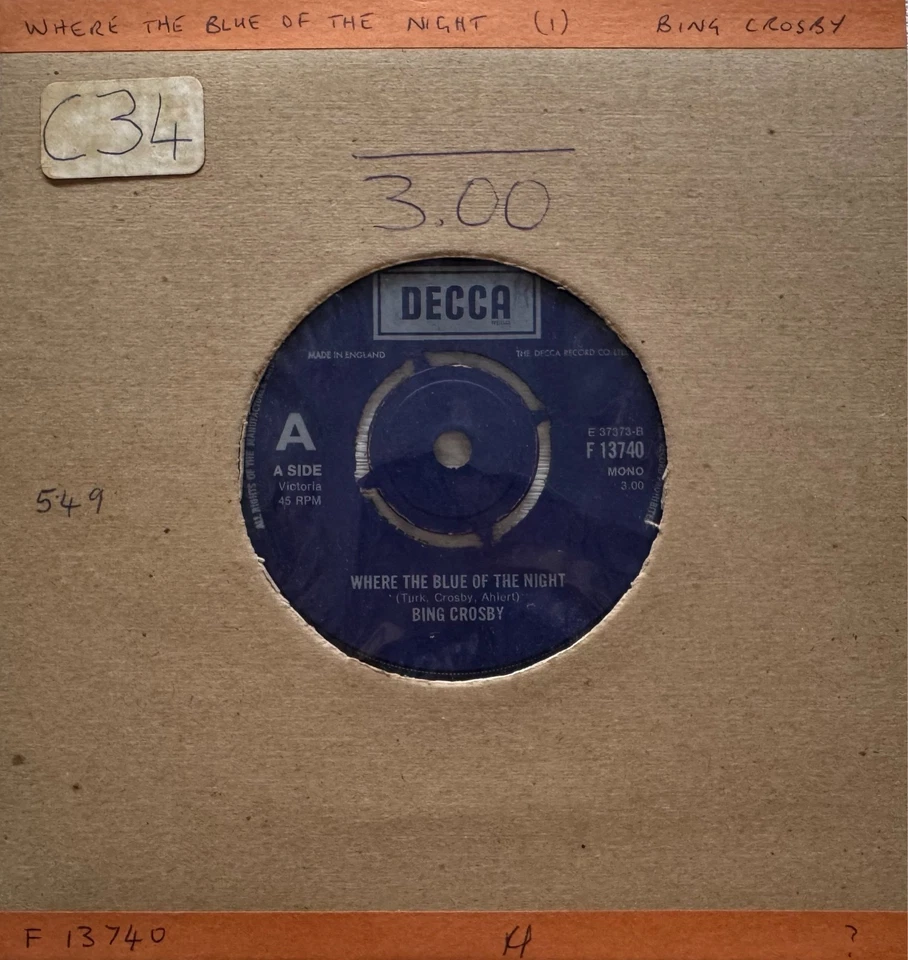 BING CROSBY - WHERE THE BLUE OF THE NIGHT b-w GOODNIGHT SWEETHEART 7" GOOD+ - Image 1 of 1
