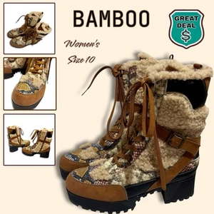 Women's Bamboo Shearling Snake Skin High Heel Combat Boots Zipper & Laces. NWOT! - Picture 1 of 11