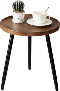 round Side Table, Metal Legged Accent Table with Wooden Tray, Small round End Ta - Picture 1 of 8