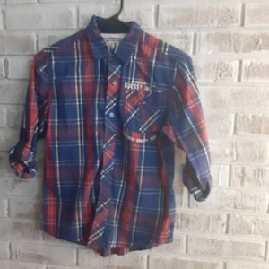 Guess sz 12/14 Tartan Plaid Button Up Ruched Sleeve - Picture 1 of 7