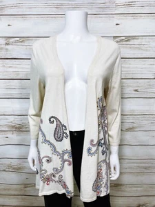 J Jill Womens Open Front Cardigan M Petite Beige Paisley 3/4 Sleeve Lightweight - Picture 1 of 10