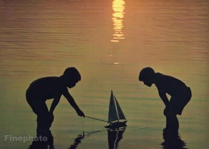 1959 Vintage DENNIS HALLINAN Young Boys w Model Sailboat Sunset Lake Photo Art - Picture 1 of 1
