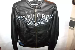Chaqueta de cuero negro para mujer Harley Davidson azul bordado tribal mediana - Imagen 1 de 5
