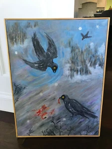 Rare Vintage Mid Century Modern Abstract Winter Black Bird Oil Painting - Bild 1 von 8