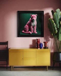 Grey Framed Artwork Of A Pink Leopard With A Dark Green Background On Velvet - Picture 1 of 6