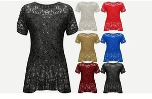 Women Lace Sequin Top Ladies Short Sleeve Peplum Frill Fancy Party Top Plus Size - Picture 1 of 3