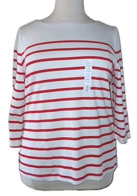 NUEVO CON ETIQUETAS CROFT BARROW Mujer XXL (20) Cuello Barco Manga 3/4 Rayas Rojas 100% Algodón Top Foto 1 de 4