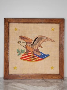 Vintage Patriotic Eagle Needlepoint Crewel – Framed American Flag Shield 16x16 - Picture 1 of 8