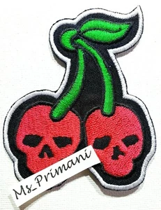 CHERRY RED SKULL EMBROIDERED PATCH FRUIT ROCK BIKER BADGE IRON/SEW ON BADGE - Picture 1 of 2