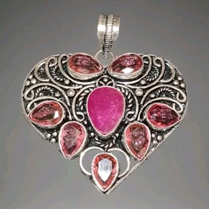 Simulated Ruby, Pink Topaz 925 Silver Gemstone heart Pendant (3183) - Picture 1 of 5