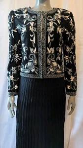 VTG Laurence Kazar Silk Black Silver Beaded White Embroidered Floral Paisley L - Picture 1 of 9