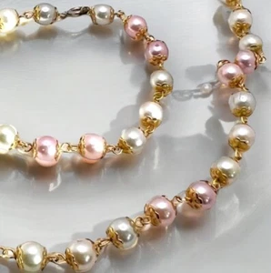 Freshwater Pearl Necklace Bracelet Set Multicolor Gold Tone Caps Vintage Elegant - Picture 1 of 9