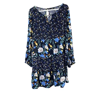 Suzanne Betro Womens Drop Waist Dress 1X Blue Floral Long Sleeve Key Hole Front - Picture 1 of 14