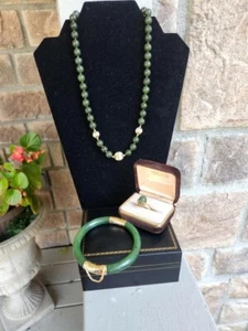 Antique Vintage 14k Gold Genuine Jade Ring Necklace Set - Picture 1 of 7