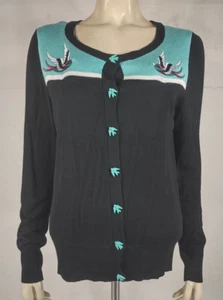 Too Fast black teal embroidered birds button front cardigan sweater ladies Large - Picture 1 of 10