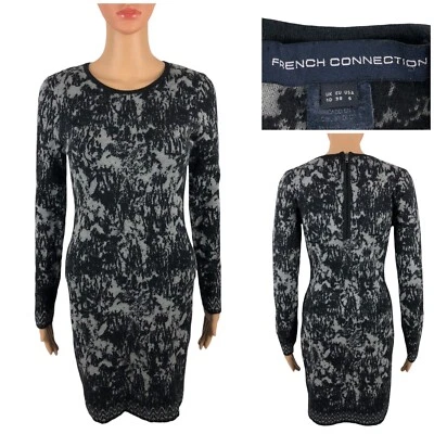 Vestido FRENCH CONNECTION para mujer 6 negro gris mármol mezcla de angora ceñido al cuerpo usado en excelente estado Foto 1 de 4