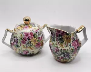 ANTIGUO JUEGO DE CREMA Y AZÚCAR FLORAL PORCELANA CHINA JAPÓN MOLDURAS DORADAS COLECCIONABLES - Imagen 1 de 21