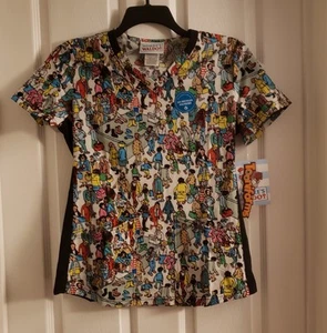 Where’s Waldo Tooniforms Scrub Top Shirt Multicolor Size Small Cartoon Book NWT - Picture 1 of 8