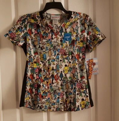 Where’s Waldo Tooniforms Scrub Top Shirt Multicolor Size Small Cartoon Book NWT - Image 1 of 4