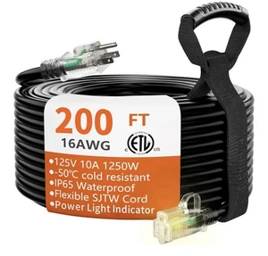 16/3 Gauge 200 ft Extension Cord with Lighted end, 3 Prong,10A 1250W 16AWG - Picture 1 of 7