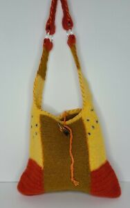 Handmade Orange Yellow Color Block Felted Wool Handbag Purse Shoulder Boho