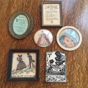 Lot of 6 Antique Vintage Décor Gallery Wall Art Bubble Glass Poems Embroidery+ - Picture 1 of 13