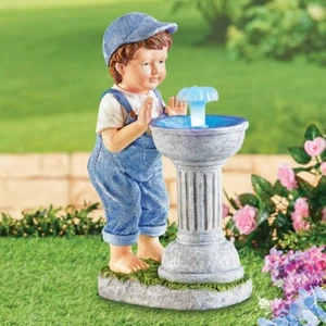 BOY AT WATER FOUNTAIN SOLAR LIGHTED STATUE - OUTDOOR GARDEN YARD DECOR LIGHT - Picture 1 of 1