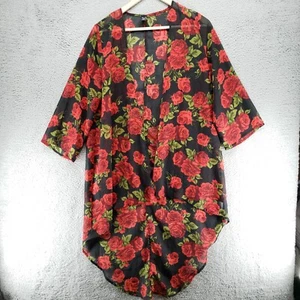 Windsor Womens M Black Red Rose Floral Sheer Open Front Cardigan Wrap - Picture 1 of 18