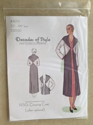 Decades Of Style Pattern #3010 1930's Crossing Coat Collar Optional All Sz - Image 1 of 3