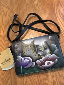 Anuschka Two Cats / Flowers Hand - Painted Shoulder Purse / Clutch bag - Picture 1 of 8