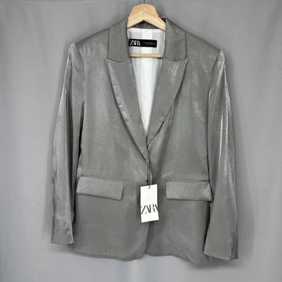 Blazer Zara Mujer XS Plateado Metálico Brillante Dos Botones Forrado Chaqueta a Medida Foto 1 de 4