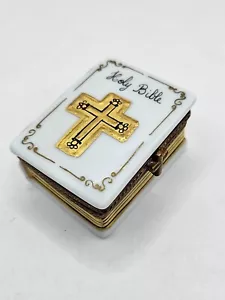 Vintage Limoges Porzellan Gold und Weiß Heilige Bibel Miniatur Schmuckschatulle 22/500 - Bild 1 von 6