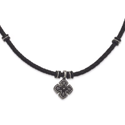 Cincel Acero Inoxidable Pulido Negro IP Trenzado Negro Cuero Negro Circonita cúbica Collar 21" Foto 1 de 2