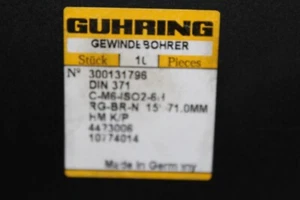 Guhring carbide M6 triple flute 15 degree spriral 71mm long. iso2-6h HM K/P tap - Picture 1 of 4