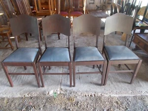 SOLID TIMBER VINTAGE CHAIRS X 4 BLUE IMITATION LEATHER SEATS GOOD CONDIT $200 - Picture 1 of 14
