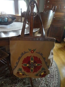 Lucky Brand Embroidered Tan Canvas & Leather XL Trippin Out Tote/Shoulder Bag - Picture 1 of 20
