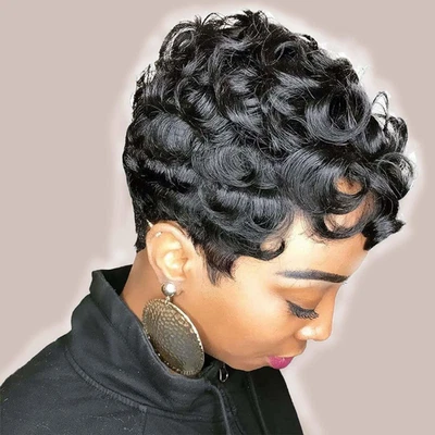 Human Hair Short Pixie Cut Wigs For Black Women, Glueless, Pre-Plucked, Curly Wi - Image 1 of 4