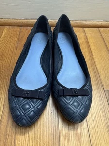 Women’s Tory Burch Marion Blue Leather Quilted Bow Flat Ballet Shoes Size 9M - Picture 1 of 19