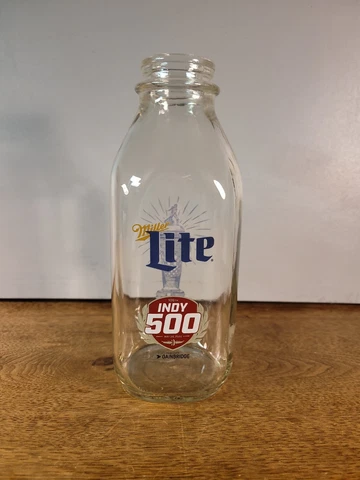 INDY 500 MILLER LITE 32 OZ Glass Milk Bottle 106TH Running Indianapolis Cover