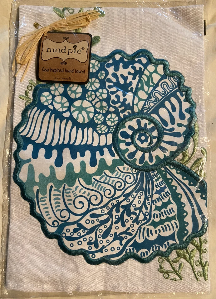 Mud Pie Sea Inspired Hand Towel, Shell Applique Linen, 2 - Image 1 of 1