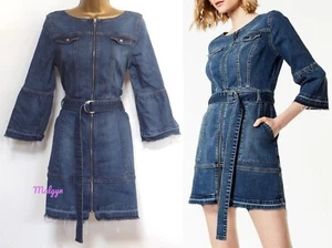 KAREN MILLEN ✩ CLASSIC DISTRESSED BLUE DENIM BELTED UTILITY DRESS ✩ UK 10 - Picture 1 of 8