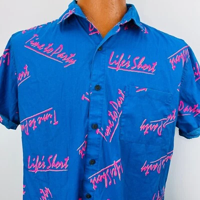 Camisa Time To Party Life's Corta Hawaiana Aloha L Azul Rosa Tropical Foto 1 de 4