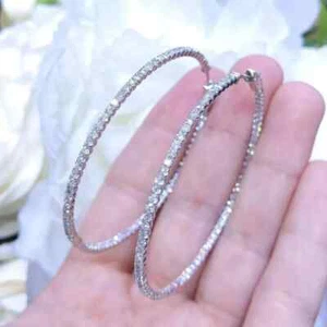 2CT Inside-Out Round Lab-Created Moissanite Hoop Earrings 14K White Gold Over - Picture 1 of 9