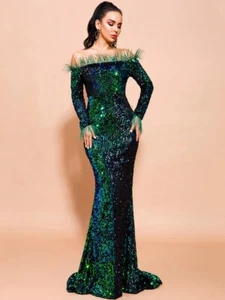 Women' s Off Shoulder Feather Sequin Evening - Christmas Party -Green - Picture 1 of 3