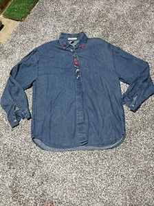Vintage Maggie & Max Denim Shirt School Teacher Apple Shoulder Pads Shirt Size L - Picture 1 of 10