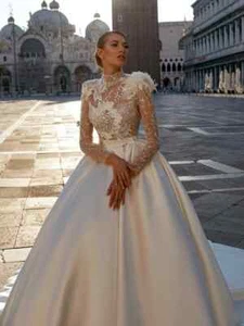 High Collar Wedding Dresses Sparkly Sequins Bead Bride Elegant A-line Appiliques - Foto 1 di 11