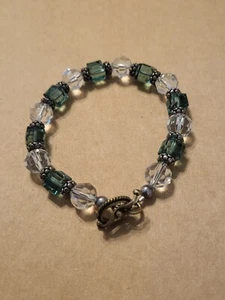 Bracciale Interruttore Vintage Verde & Cristallo Trasparente 8" Placcato Ottone - Foto 1 di 3