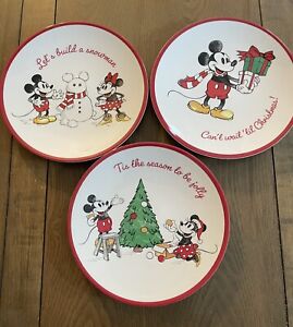 NEW! Pottery Barn Lot 3 Plates Christmas Mickey Mouse Minnie Disney Holiday 9"